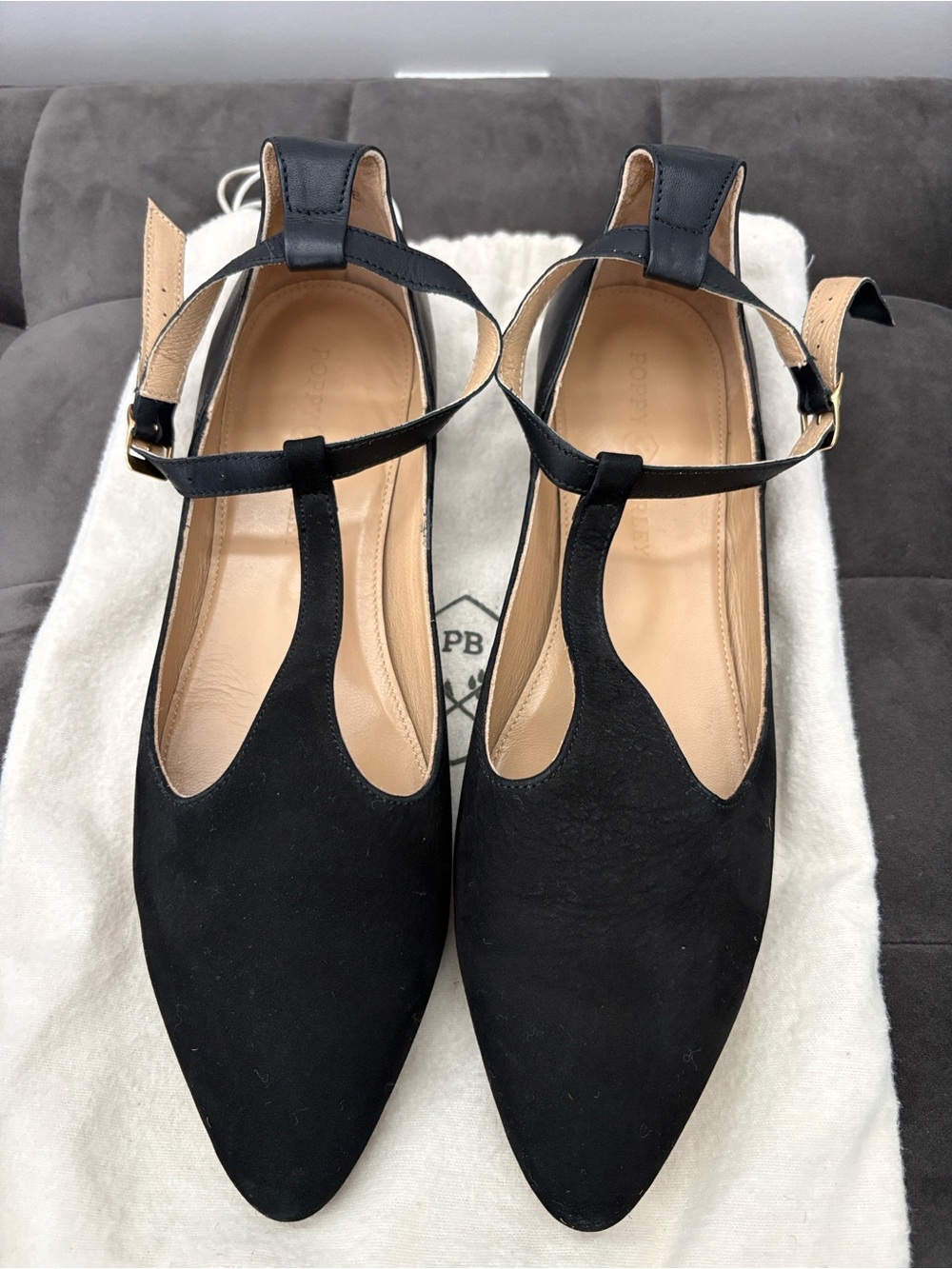 Poppy Barley Black Suede and Leather T-Strap Pointed Toe Flats - Women
